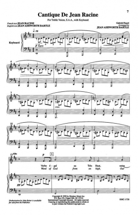 Cantique De Jean Racine for female chorus (SSA) and piano vocal score (en/fr)