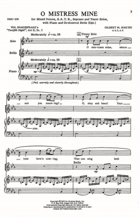 Gilbert Martin, O Mistress Mine SATB, Piano Chorpartitur