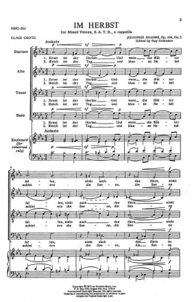 Johannes Brahms, Im Herbst SATB a Cappella Chorpartitur