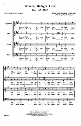 Hans Leo Hassler, Come Holy Spirit (Komm, Heiliger Geist) SATB a Cappella Chorpartitur