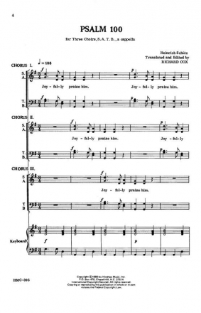 Heinrich Schtz, Psalm 100 SATB, 3 ChoirS, a Cappella Chorpartitur