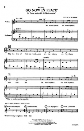 Natalie Sleeth, Go Now In Peace 3-Part Choral, Orff Inst Alto Gl'spiel Matallophone,aandb Xylophone Chorpartitur