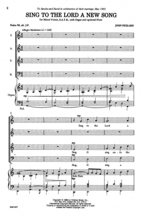 John Pickard, Sing To The Lord A New Song SATB, Organ, Optional Flute Chorpartitur