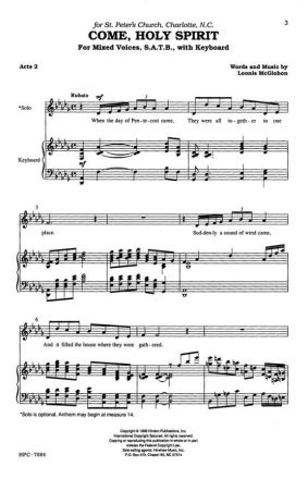 Loonis McGlohon, Come, Holy Spirit SATB and Keyboard Chorpartitur