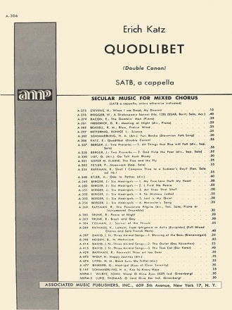 E Katz, Quodlibet Unac (Double Cannon) SATB A Cappella SATB Chorpartitur