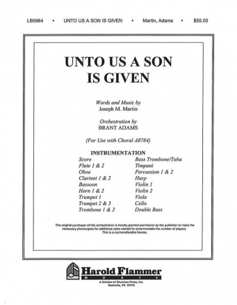 Joseph M. Martin, Unto Us a Son Is Given Orchestra Partitur + Stimmen