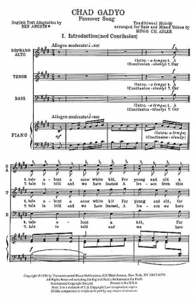 Hugo Adler, Chad Gadyo Passover Song SATB Chorpartitur