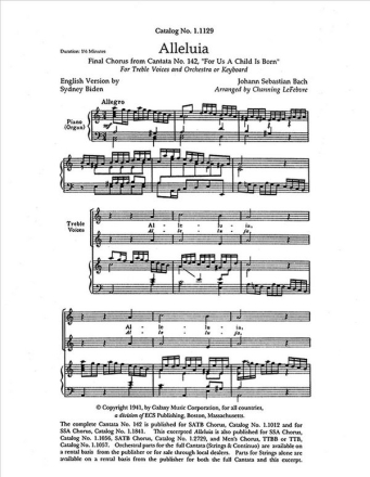 Johann Sebastian Bach, For Us a Child is Born: Alleluia! 2-part Treble Voices [SA Children or Women], Keyboard or Orchestra Stimme