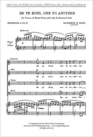 Katherine K. Davis, Be Ye Kind, One to Another A or B solo, SATB, Keyboard [Organ or Piano] Stimme