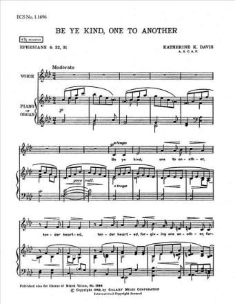 Katherine K. Davis, Be Ye Kind, One to Another Low Voice and Keyboard [Organ or Piano] Buch