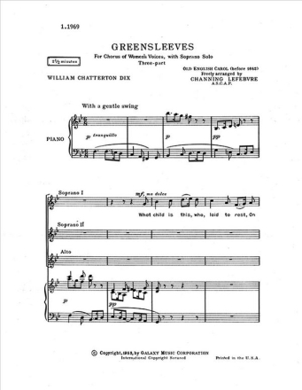 Greensleeves SSA, Soprano Solo a Cappella Stimme