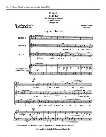 Antonio Lotti, Mass in B-flat TTB a Cappella Chorpartitur