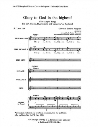 Giovanni Battista Pergolesi, Glory to God in the Highest SSA Soli, SSA , Keyboard [Organ or Piano] or Orchestra Stimme