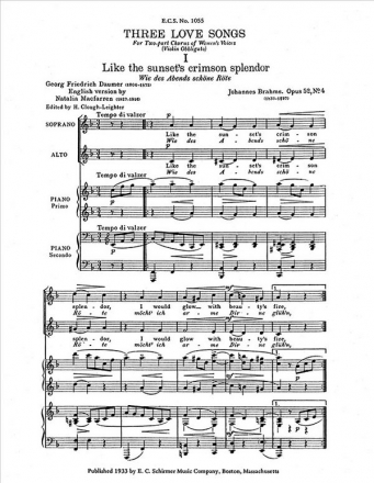 Johannes Brahms, Three Love Song Waltzes, Op. 52/4,13, Op. 65/13 Two-Part Treble Voices [SA], Piano Four-hands, Violin obbl Stimme