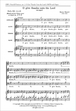 Henry Purcell, O Give Thanks Unto the Lord SATB and Organ Stimme