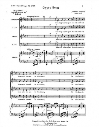 Johannes Brahms, Gypsy Song SATB and Piano Stimme