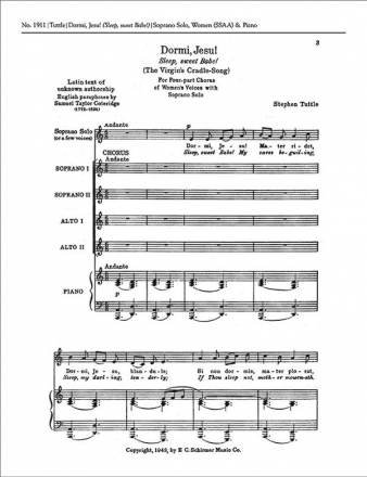 Stephen D. Tuttle, The Virgin's Cradle-Song Soprano Solo, SSAA and Piano Stimme