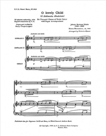 Johann Hermann Schein, O Lovely Child Two-Part Treble Voices [SS Children or Women] and Organ Stimme