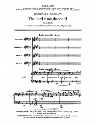 Randall Thompson, The Lord Is My Shepherd SSAA, Keyboard [Organ or Piano] or Harp Stimme