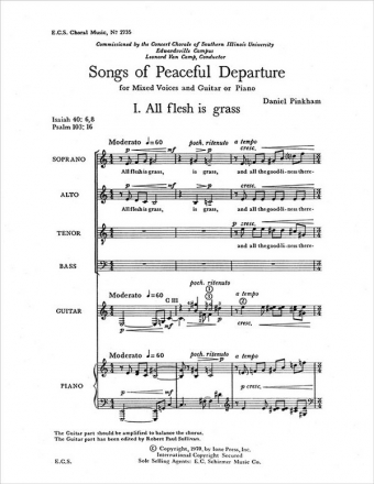 Daniel Pinkham, Songs of Peaceful Departure SATB, Guitar or Piano Stimme