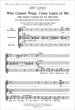 Libby Larsen, Who Cannot Weep, Come Learn of Me Mezzo-Soprano and Tenor Soli, SSA a Cappella Stimme