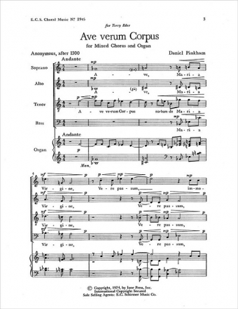 Daniel Pinkham, Ave verum Corpus SATB and Organ Stimme