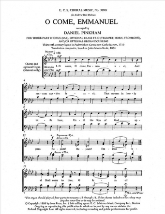 O Come, Emmanuel for mixed choir (SAB), opt. brass trio and/organ score