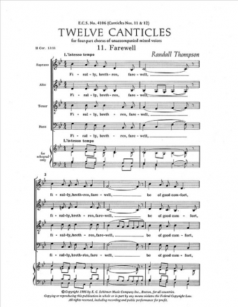 Randall Thompson, Twelve Canticles: No. 11. Farewell- No. 12. Amen SATB Stimme