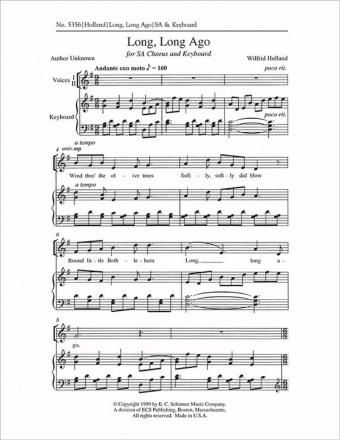 Wilfrid Holland, Long, Long Ago 2-part Treble Voices [SA Children or Women], Keyboard [Organ or Piano] Stimme