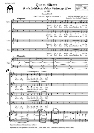 Saint-Saens, Camille, Quam dilecta - O wie lieblich ist deine Wohnung, SATB + Orgel (Hrf ad lib.)