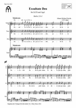 Haydn, Johann Michael, Exsultate Deo SATB und Orgel