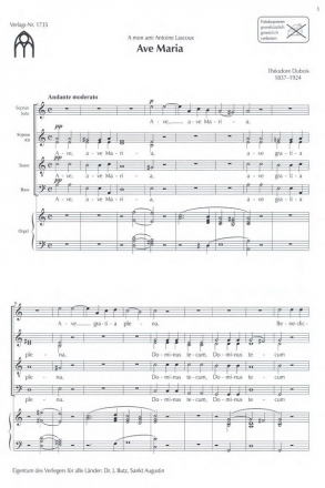 Dubois, Thodore, Ave Maria S-Solo, SATB und Orgel