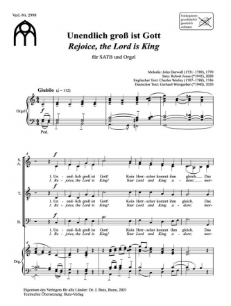 Jones, Robert, Unendlich gro ist Gott - Rejoice, the Lord is King SATB und Orgel