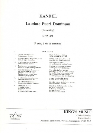 Laudate pueri Dominum HWV236 for soprano, 2 violins and Bc score