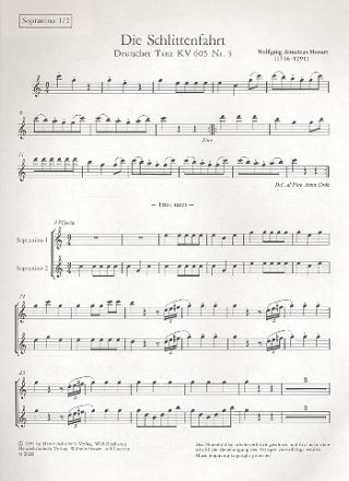 Die Schlittenfahrt KV605,3 fr Blockfltenchor und Begleitinstrumente Spielpartitur Sopraninoblockflte