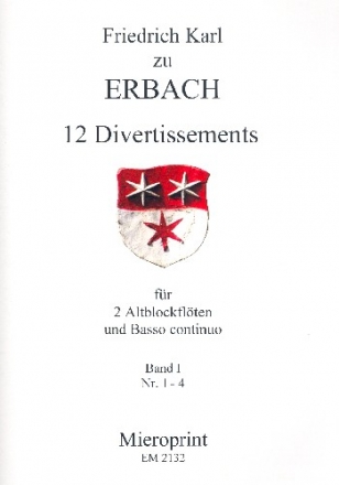 12  Divertissements Band 1 (Nr.1-4) fr 2 Altblockflten und Bc Partitur und Stimmen