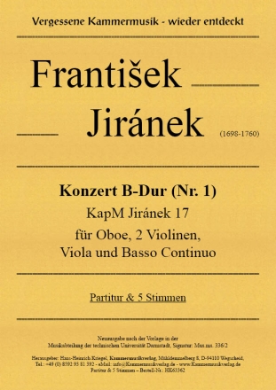 Konzert B-Dur Nr. 1 fr Oboe, 2 Violinen, Viola und Basso Continuo Partitur und 5 Stimmen