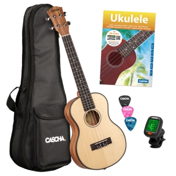 Tenor Ukulele Spruce Solid Top Set (incl. 4 languages Method (DE/EN/FR/ES), Bag padded, 3 Picks, Tun