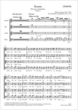 Hymne Soli SATB, Coro SATB, 2 Fl, 2 Ob, 2 Clt, 2 Fg, 2 Cor, 2 Tr, 3 Trb, Timp, 2 Vl, Va, Vc, Cb Chorpartitur