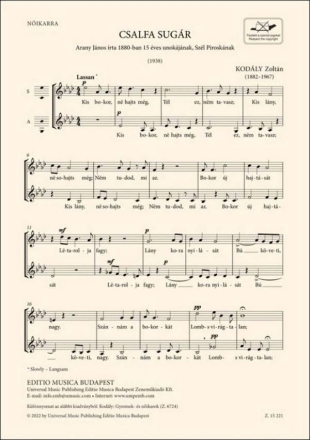 Csalfa sugr 2-Part Choir Choral Score