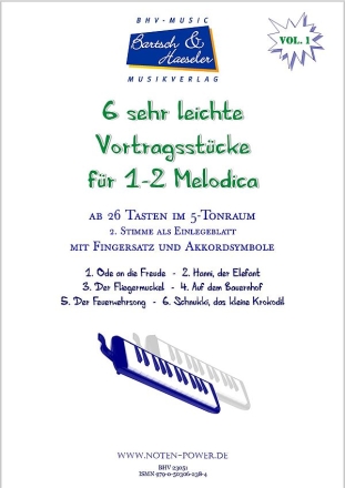 6 sehr leichte Vortragsstcke Vol.1 fr 1 - 2 Melodica ab 26 Tasten im 5-Tonraum mit 2. Stimme als Einlegeblatt