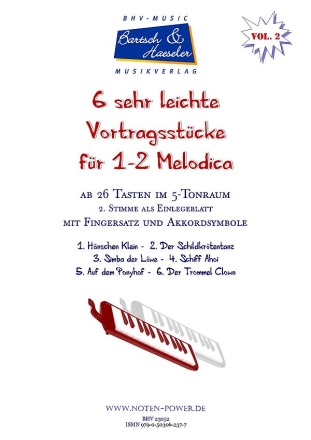 6 sehr leichte Vortragsstcke Vol.2 fr 1 - 2 Melodica ab 26 Tasten im 5-Tonraum mit 2. Stimme als Einlegeblatt