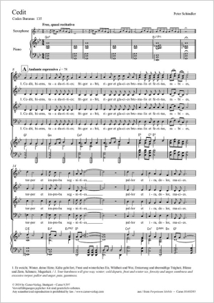 Cedit Coro SATB, S-Sax (Melodieinstr in C), Pfte, Jazz-Bass (Cb), Perc, [2 Vl, Va, Vc, Cb] Partitur