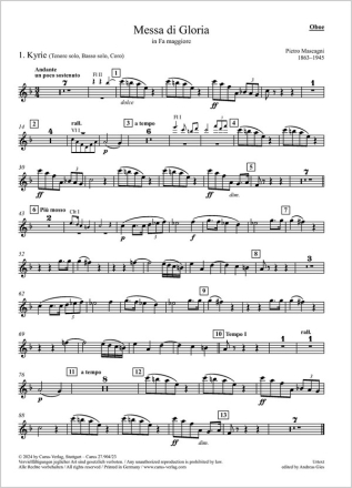 Messa di Gloria Soli TB, Coro STB (SAB), 2 Fl, Ob, 2 Clt, Fg, 2 Cor, 2 Tr, 2 Trb, Timp, Grancassa, Piatti, Tamtam, A Einzelstimme, Oboe