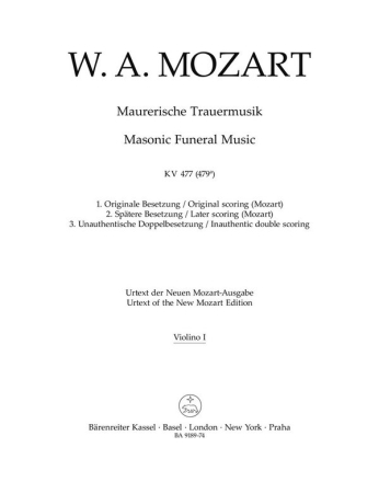 Maurerische Trauermusik KV 477 (479a) (Originale Besetzung (Mozart) / Sptere Besetzung (Mozart) / P  Stimme, Urtextausgabe: 1. Violine