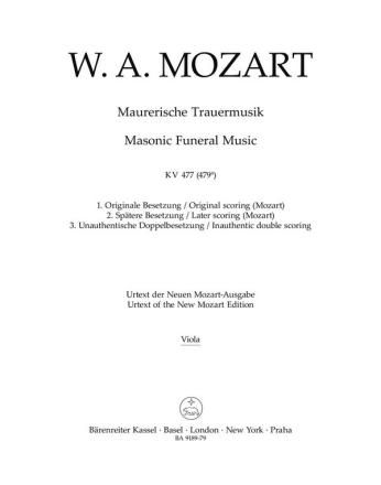 Maurerische Trauermusik KV 477 (479a) (Originale Besetzung (Mozart) / Sptere Besetzung (Mozart) / P  Stimme, Urtextausgabe: Viola