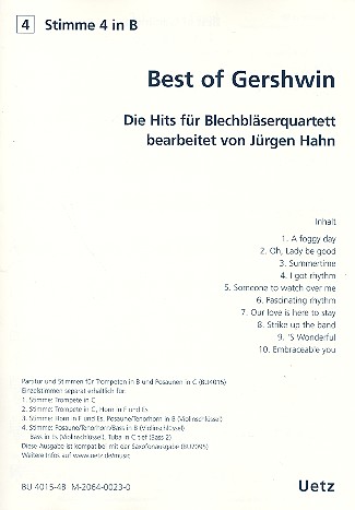 Best of Gershwin fr 4 Blechblser (Ensemble) 4. Stimme in B (Posaune/Tenorhorn/Bass) im Bassschlssel