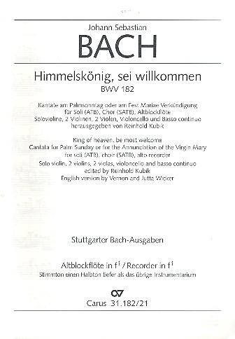 Himmelsknig, sei willkommen BWV182 fr Soli, gem Chor und Orchester Altblockflte in F1