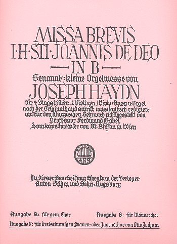 Missa brevis B-Dur in honorem sancti Joannes de deo  - Ausgabe C fr Frauenchor und Orchester Klavierauszug