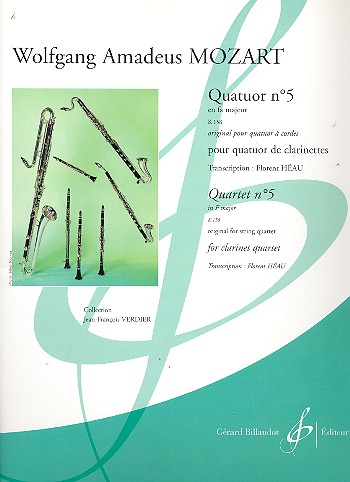 Quatuor fa majeur no.5 KV158 pour quatuor de clarinettes, partition+parties